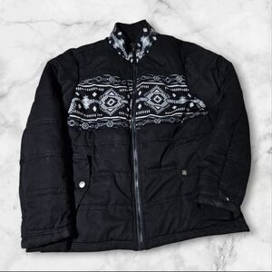 Aztec Southwestern Geometric Pattern Puffer L Jacket Shearling Lined Fur Zip Up